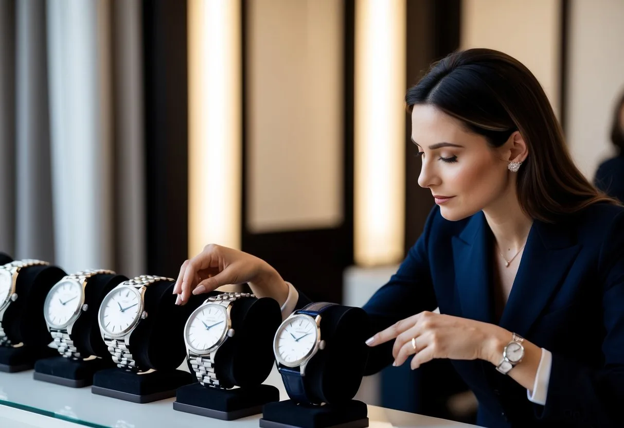 An elegant kvinde der gennemser en samling af brugte Jaeger LeCoultre dameure og nøje undersøger hver enkelt ur med et skarpt blik